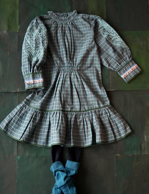 [BONJOUR DIARY]New dress with long cuff &amp; embroiedry   _ Small blue check