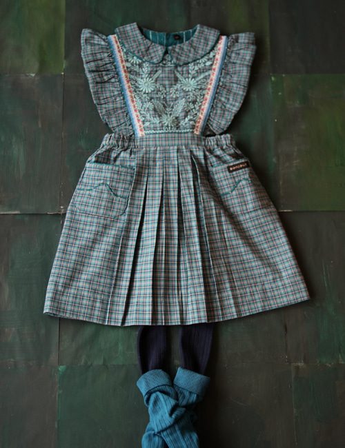 [BONJOUR DIARY]Apron dress with embroidery  _ Small blue check