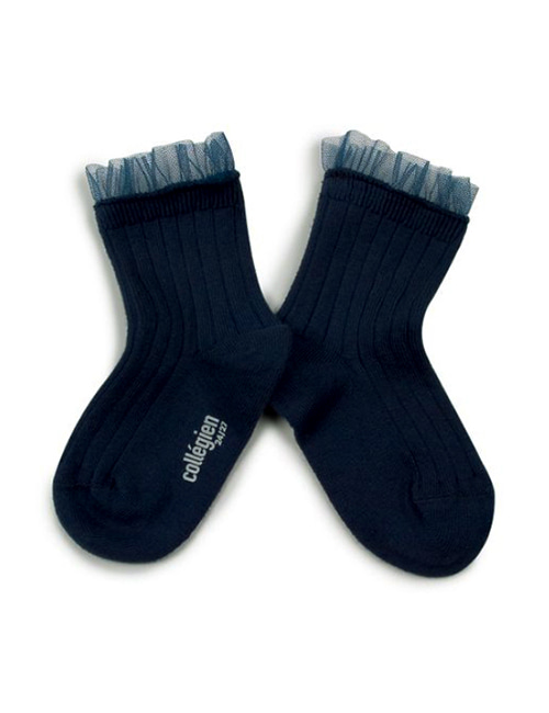 [COLLEGIEN] Tulle Frill Ribbed Ankle Socks (N0.044) [28/31, 32/35]