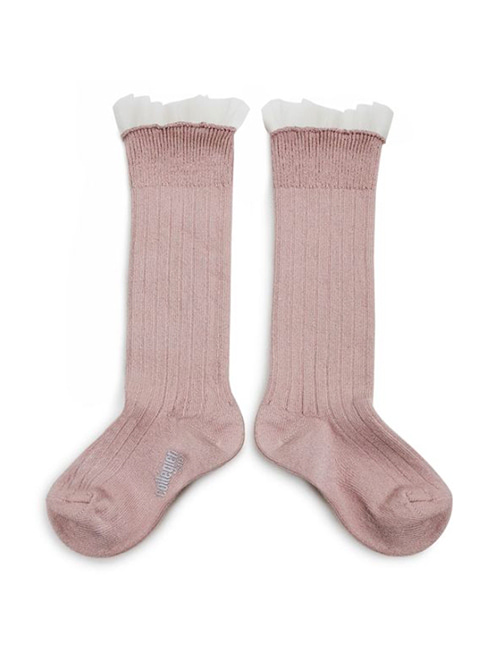 [COLLEGIEN] Tulle Frill Ribbed Knee-high Socks (N0.331)[24/27, 28/31, 32/35]