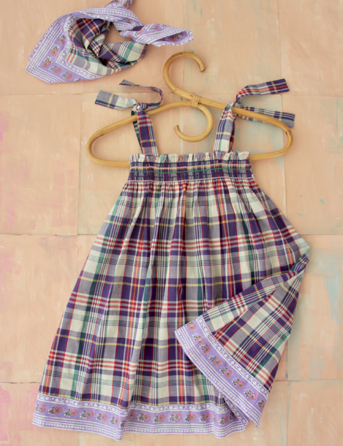[BONJOUR DIARY] Skirt dress with scarf 50*50 cm with border _ Purple check[2-3Y, 6Y, 10Y, 12Y]