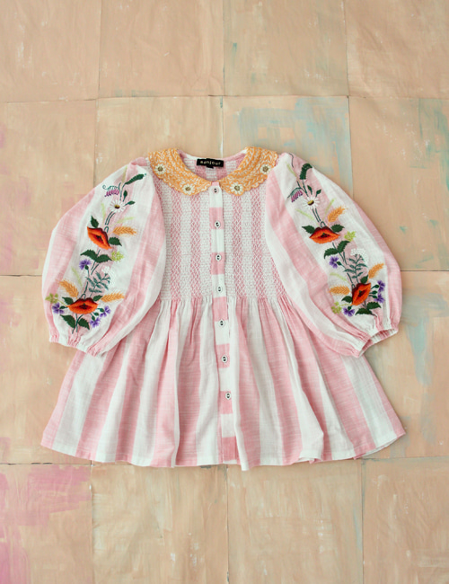 [BONJOUR DIARY] Tunique Blouse with embrloidery collar &amp; sleeve _ Large pink stripes[4Y, 6Y, 10Y]
