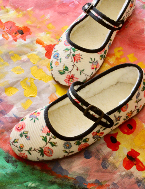 [BONJOUR DIARY] SHOES _ Ivory flowers print - corduroy [24]