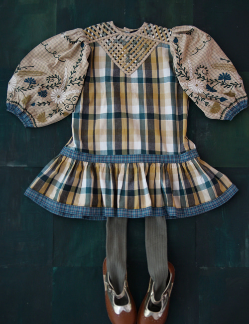 [BONJOUR DIARY]Folk dress with braid top &amp; embroidery _ Big green check