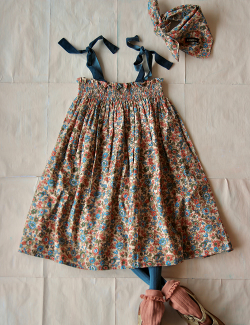 [BONJOUR DIARY]Long skirt dress with scarf  50* 50 cm _ Small Blue flowers print