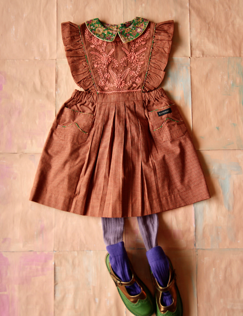[BONJOUR DIARY]Apron dress with lace _ Small orange check