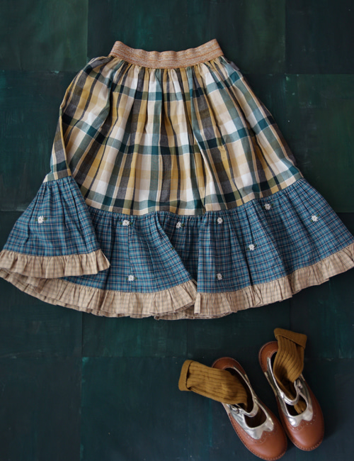 [BONJOUR DIARY]Patchwork long skirt with gold elastic _ Big green check [4Y, 6Y]