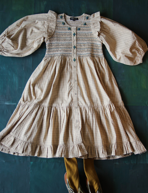 [BONJOUR DIARY]Ibiza dress with balloon sleeve _ Small beige check