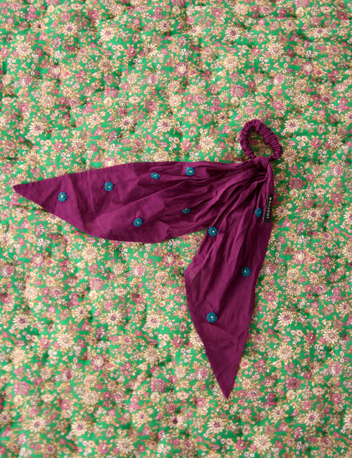 [BONJOUR DIARY]Hair Elastic Scarf with hand flowers embroidery _ Purple Organic voile