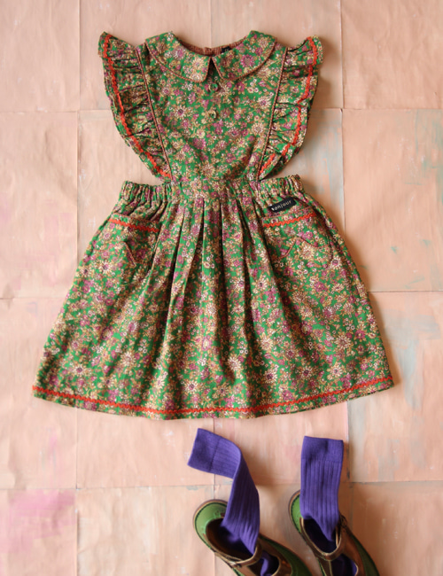 [BONJOUR DIARY]Apron dress with lace _ Small pink flowers print