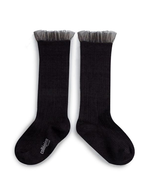 [COLLEGIEN] Tulle Frill Ribbed Knee-high Socks (N0.171)[24/27, 28/31, 32/35]