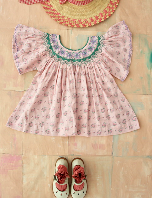 [BONJOUR DIARY] Butterfly Blouse with cross embroidery _ Small pastels flowers overdyed in pink color