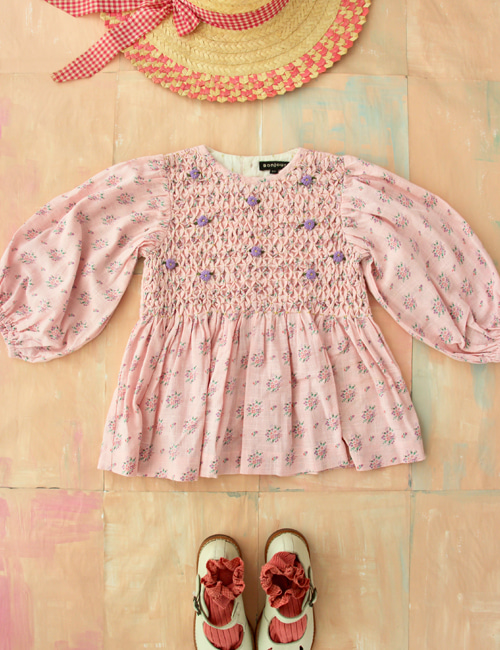 [BONJOUR DIARY] Handsmock blouse _ Small pastels flowers overdyed in pink color