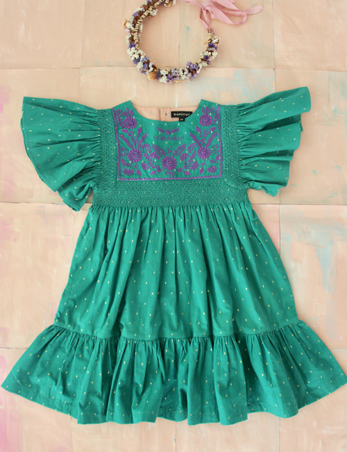 [BONJOUR DIARY] New Rosalie dress with new sleeves _ Green Gold dot Color[2-3Y, 4Y, 8y, 10Y, 12Y]