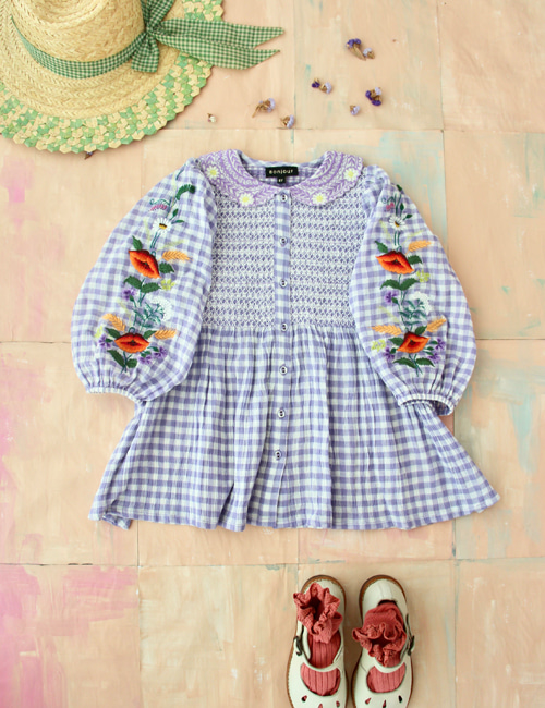 [BONJOUR DIARY] Tunique Blouse with embrloidery collar &amp; sleeve _ Violet Gingham[2-3Y, 4Y]