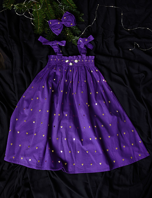 [BONJOUR DIARY] LONG SKIRT DRESS WITH HAIR CLIP _ Purple voile Tulle gold heart print [4Y,10Y]
