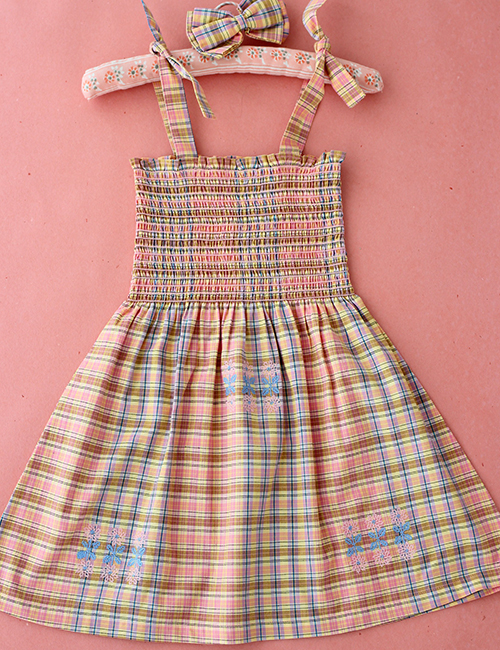 [BONJOUR DIARY] LONG SKIRT DRESS WITH HAIR CLIP _ Rainbow check [10Y,12Y]