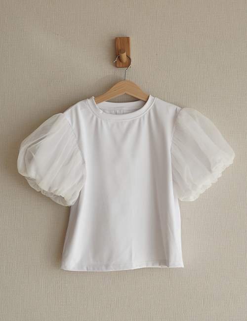 [ MES KIDS DES FLEURS] puff-sleeve T-shirt _ White (Nylon 75% Spandex 25‰）[110,120,130]