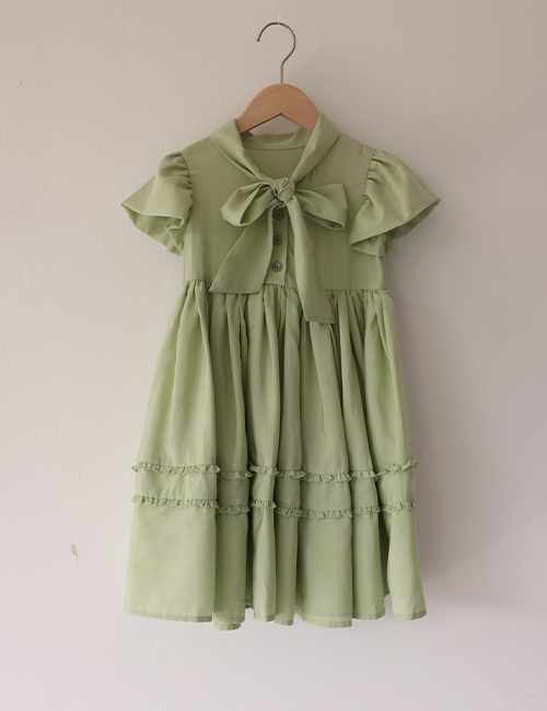 [MES KIDS DES FLEURS]Bow dress _ Green [100% cotton]
