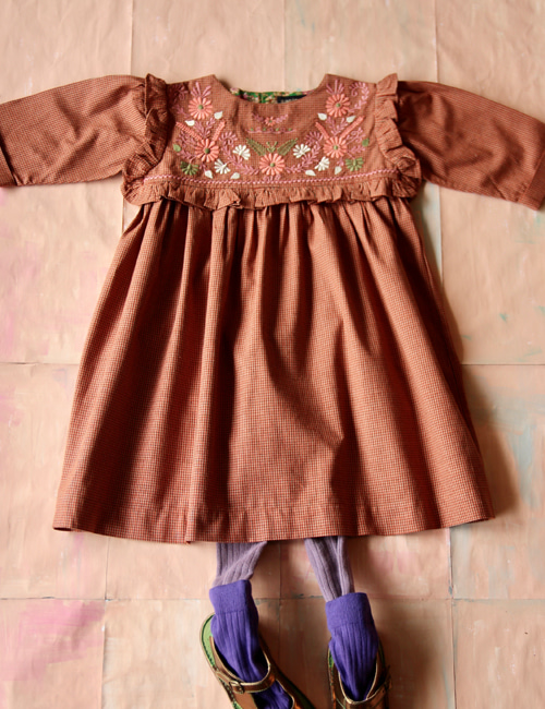 [BONJOUR DIARY]Rosalie dress with flounce and embroidery _ Small orange check[4Y, 8Y]