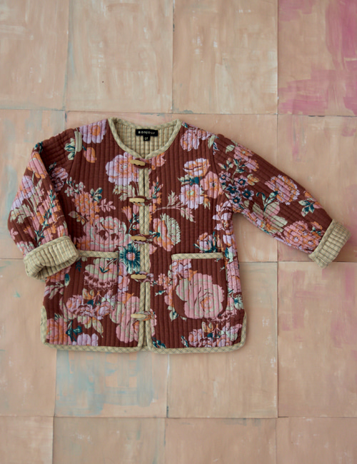 [BONJOUR DIARY]Reversible Quilted Jacket (Cotton filling) _ Big brown flower print[4Y, 8Y, 10Y]