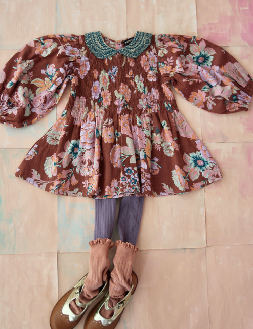 [BONJOUR DIARY]Blouse with embroidery collar _ Big brown flower print