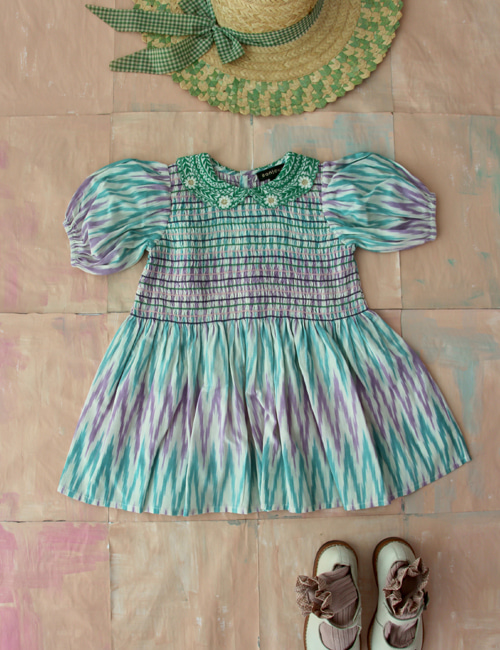 [BONJOUR DIARY] Tunique Blouse with embroidery collar _ Ikat violet / green
