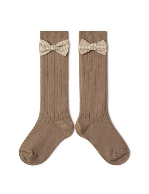 [COLLEGIEN] Ribbed Knee-high Socks with Gingham bow (No.226)[24/27, 28/31, 32/35]
