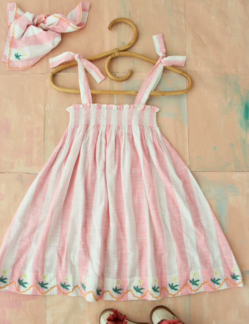 [BONJOUR DIARY] Skirt dress with Scarf 50*50cm _ Large pink stripes[2-3Y, 4Y, 10Y, 12Y]