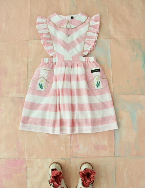 [BONJOUR DIARY] Reina dress _ Large pink stripes[4Y]