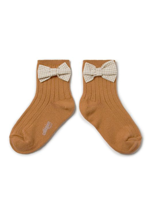 [COLLEGIEN] Ribbed Ankle Socks with Gingham bow  (No.779)[24/27, 28/31, 32/35]