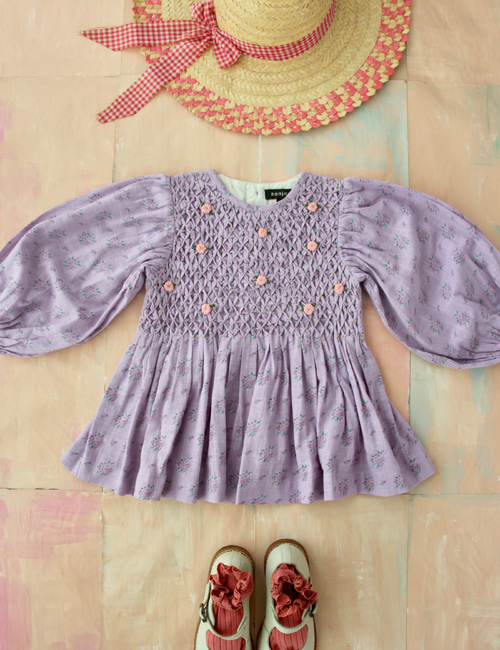 [BONJOUR DIARY] Handsmock blouse _ Small pastels flowers overdyed in light violet color[3Y ,4Y, 10Y]