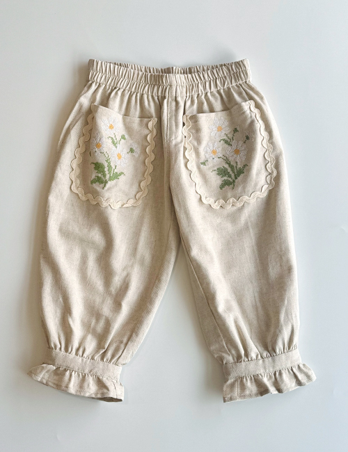 [MES KIDS DES FLEURS]Embroidered trousers _ Beige  [50%cotton 50%linen]